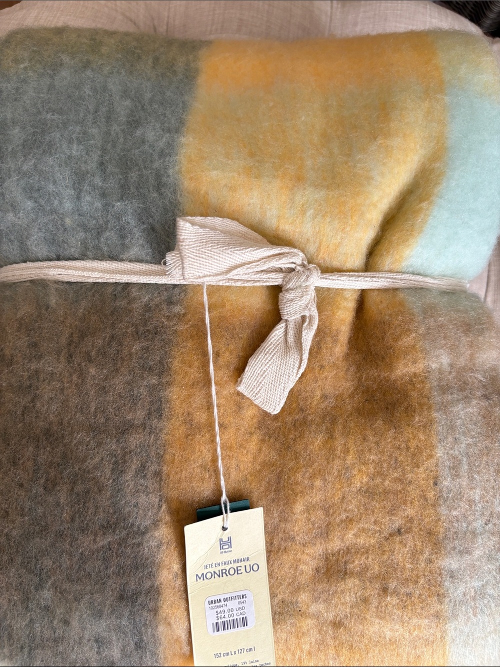 Urban Outfitters Striped Throw Blanket in Mustard, Gray & Mint